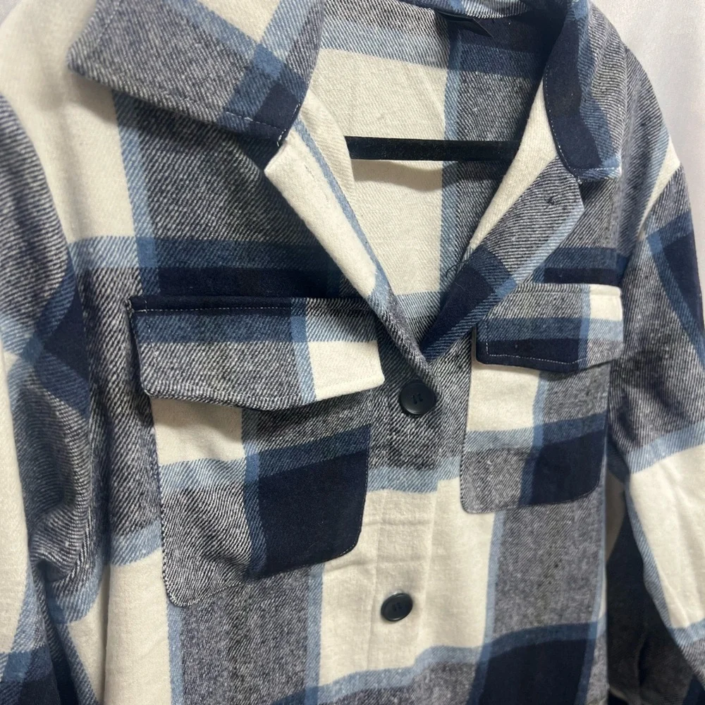 Flannel Plaid Shacket Buttondown Dress Long Coat Navy White Tartan Medium - Picture 4 of 7